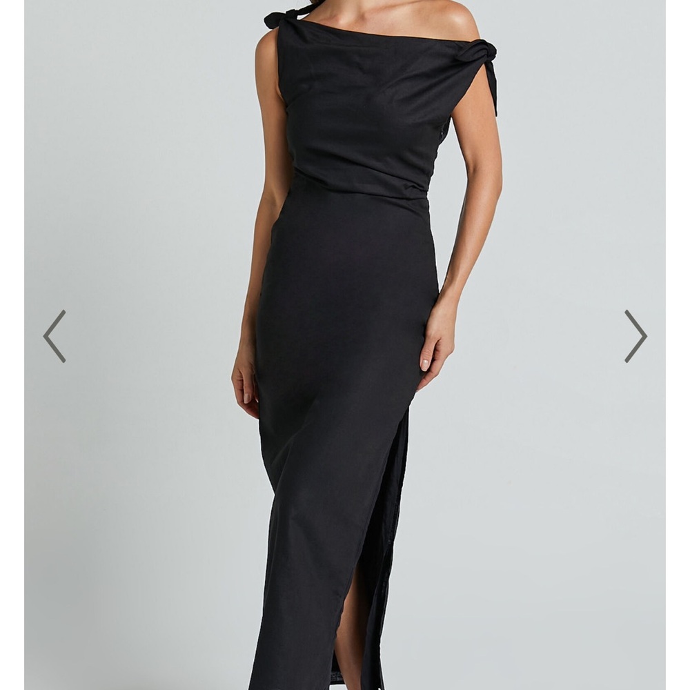 MIDI DRESS - OFF THE SHOULDER SIDE SPLIT COLUMN LINEN LOOK DRESS IN BLACK